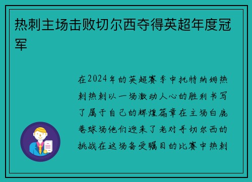 热刺主场击败切尔西夺得英超年度冠军